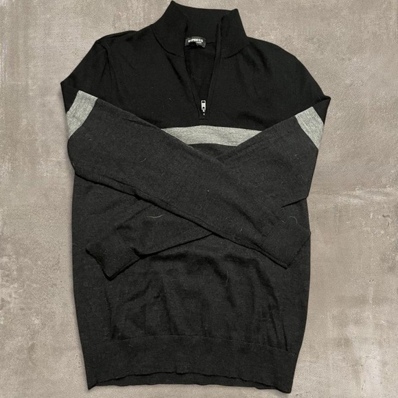 Express Merino Wool Blend Quarter Zip Sweater Men’s Medium Black Stripe Pullover - Picture 2 of 4